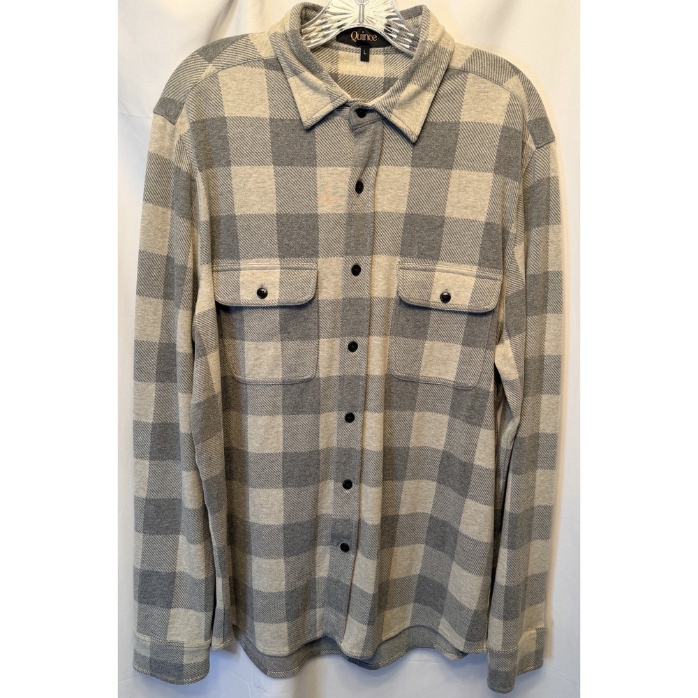 Quince Men's Size Large Stretch Sweater Fleece Shirt Cream Gray Plaid Button Up
